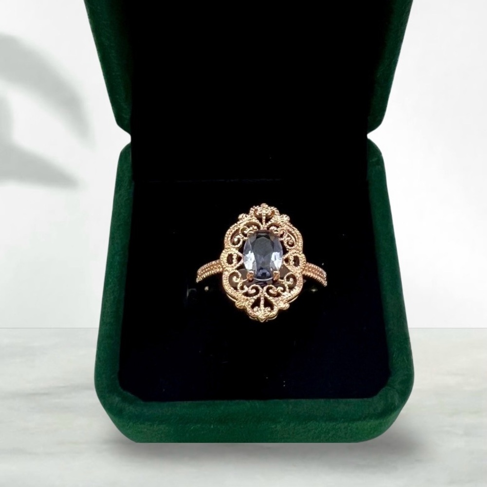 Vintage-Inspired Rose Gold Filigree Ring with Blue Stone